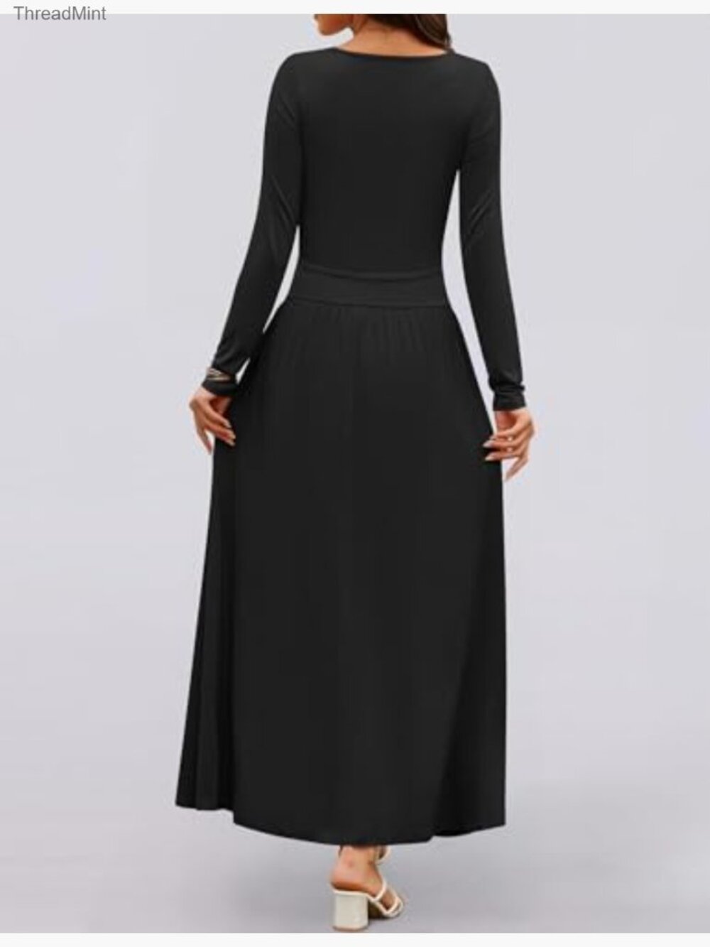 Long Sleeve Knit Maxi Dress with Pockets Swing Pleated A-Line - Picture 4 of 7